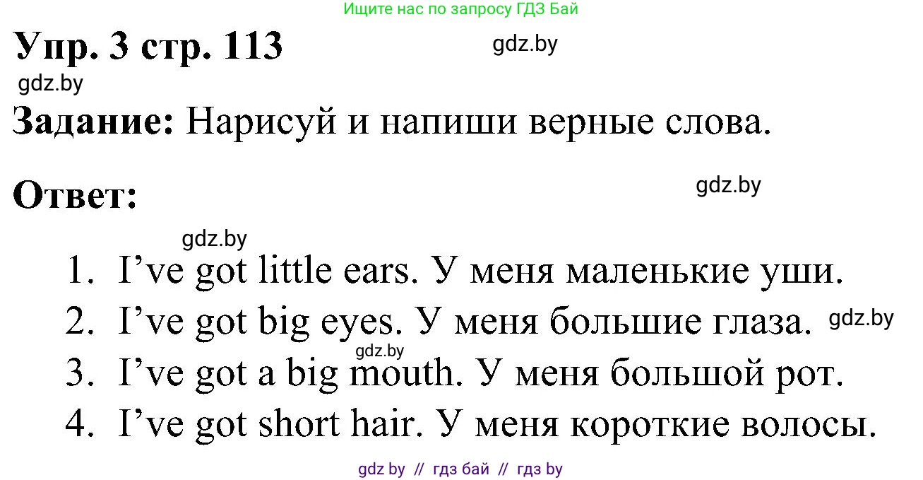 Английский язык (english), 3 класс практикум (activity book ), авторы: Лапицкая Людмила Михайловна (Lapitskaya Ludmila), Калишевич Алла Ивановна, Севрюкова Татьяна Юрьевна, Седунова Наталья Михайловна (Sedunova Natalia), издательство Аверсэв, Минск, 2023, зелёного цвета, Часть 2, страница 113, номер 3, Решение