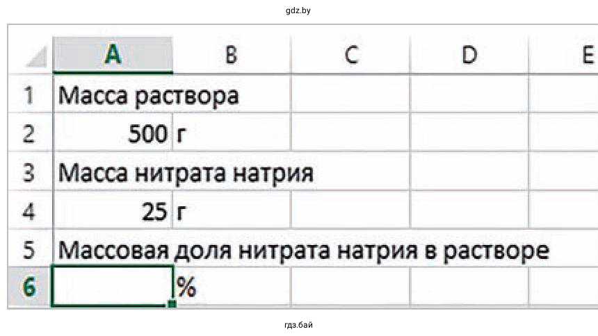Задание 2. Электронная таблица создана для решения следующей задачи: «В растворе массой 500 г содержится нитрат натрия NaNO3 массой 25 г. Определить массовую долю нитрата натрия в этом растворе»