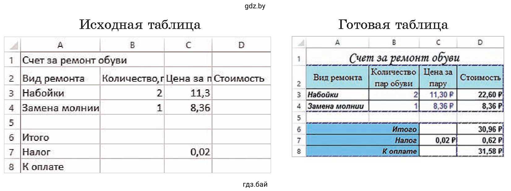 Задание 2. Таблица Счет за ремонт обуви