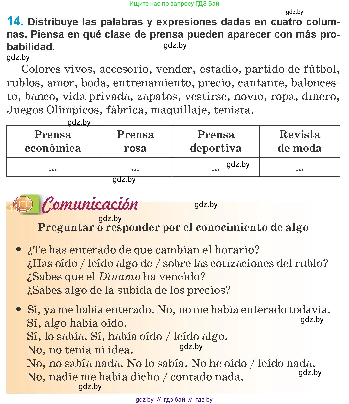 Испанский язык, 10 класс Учебник, авторы: Гриневич Елена Карловна, Янукенас Ольга Викторовна, издательство Вышэйшая школа, Минск, 2019, оранжевого цвета, страница 197, номер 14, Условие