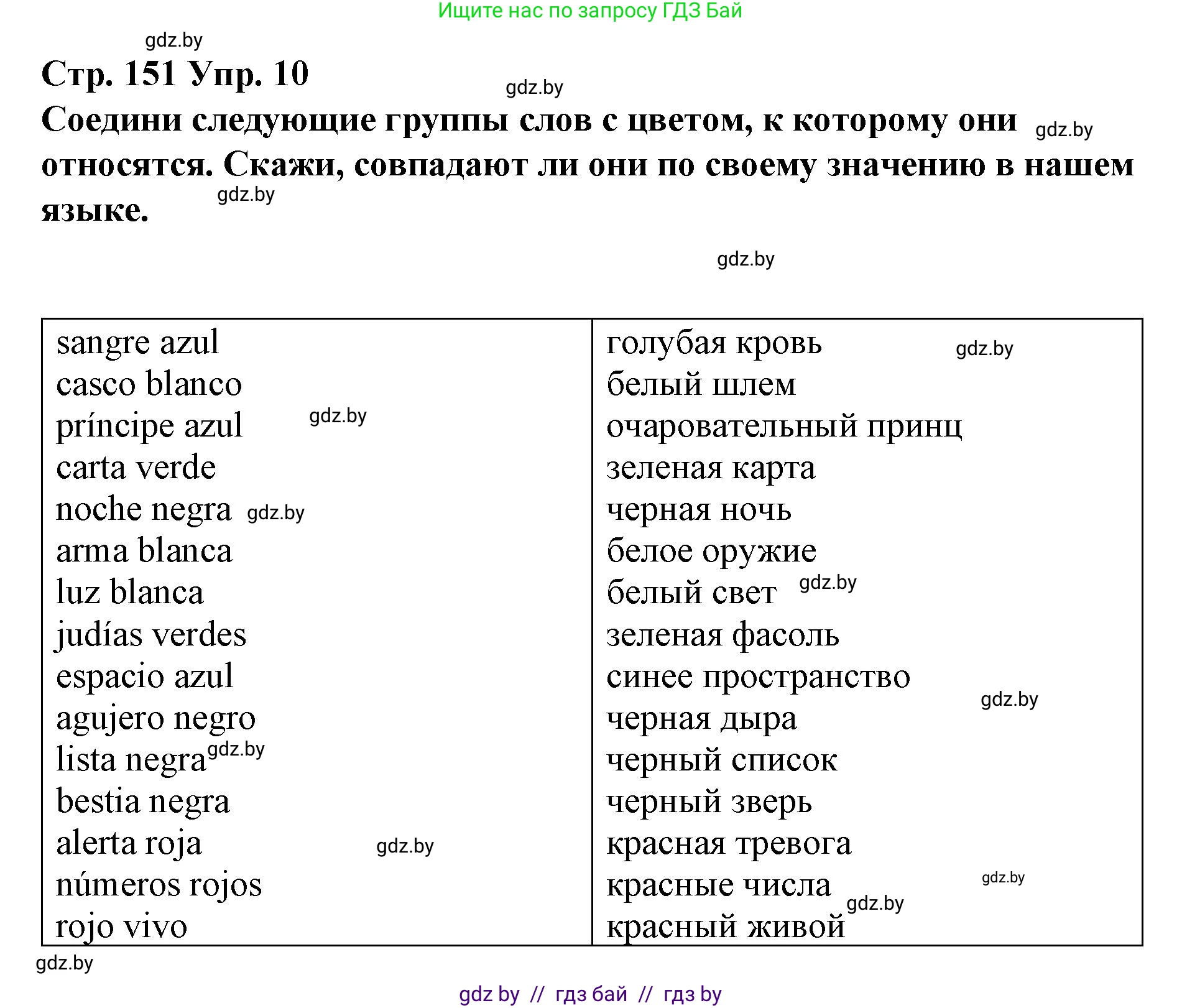 Испанский язык, 10 класс Учебник, авторы: Гриневич Елена Карловна, Янукенас Ольга Викторовна, издательство Вышэйшая школа, Минск, 2019, оранжевого цвета, страница 151, номер 10, Решение