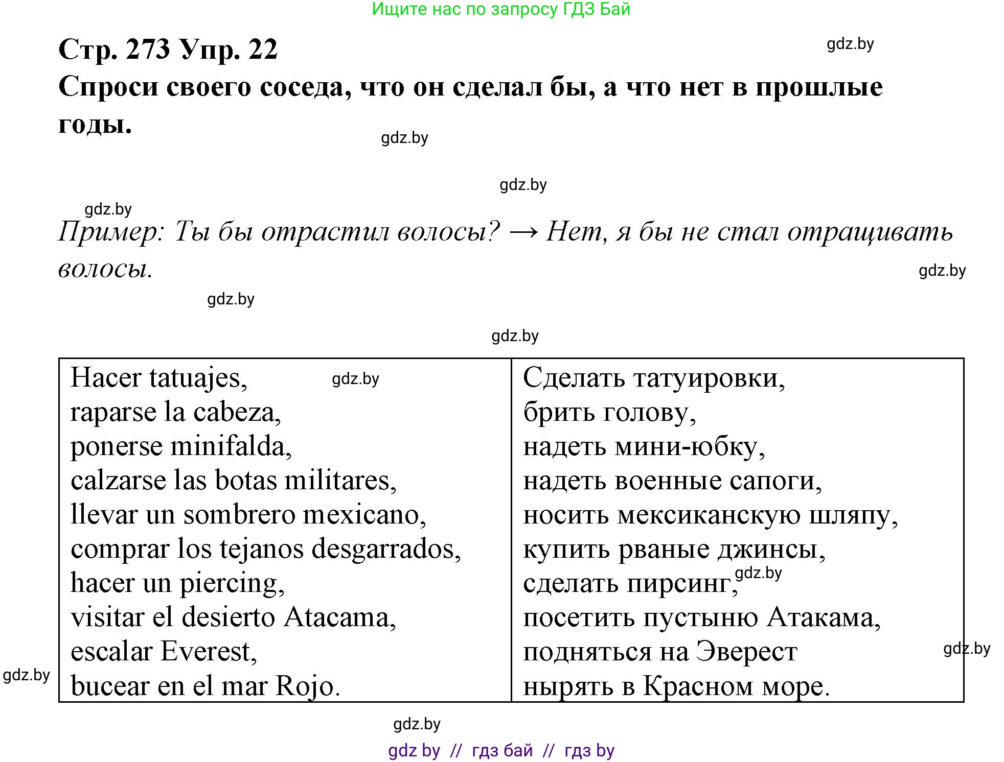 Испанский язык, 10 класс Учебник, авторы: Гриневич Елена Карловна, Янукенас Ольга Викторовна, издательство Вышэйшая школа, Минск, 2019, оранжевого цвета, страница 273, номер 22, Решение
